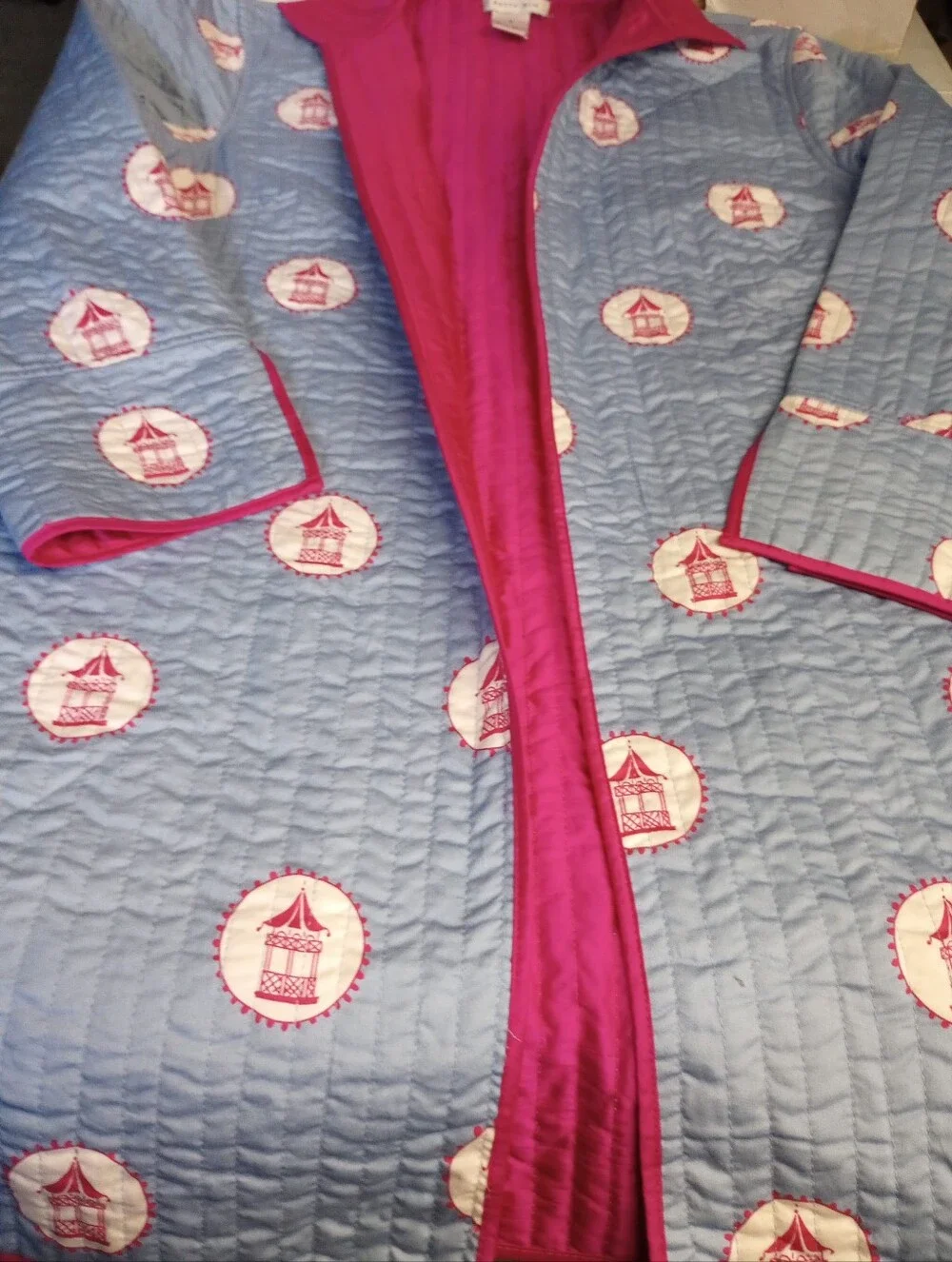 PATTY KIM Blue Quilted Throw with Hot Pink Trim and Medallion Motifs Size Small